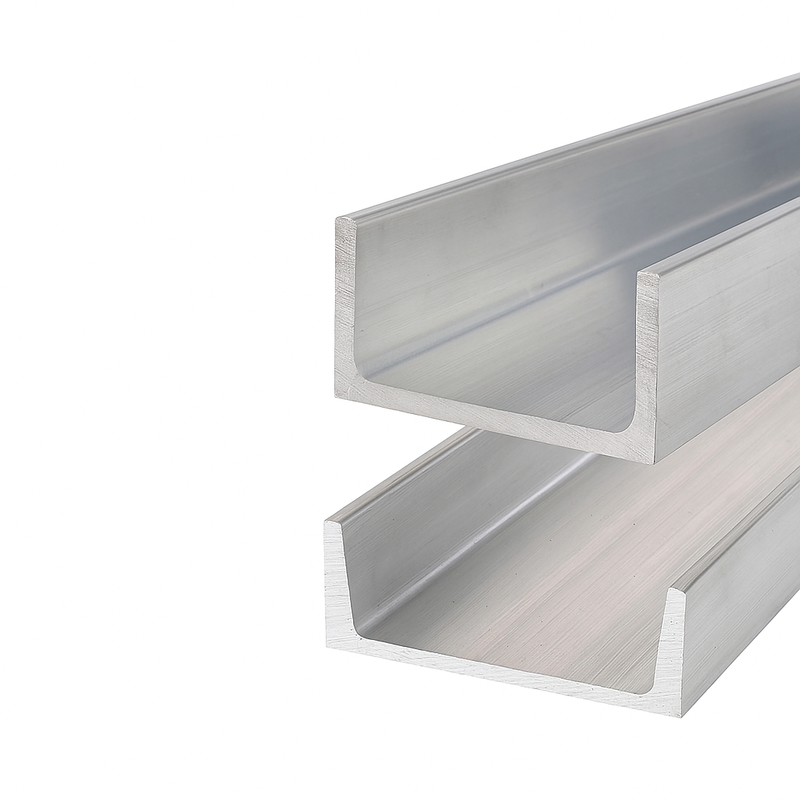 Two stacked aluminum U-channel bars on white background.
