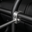 Aluminium clamp bracket securing rods in a black tubular frame structure.