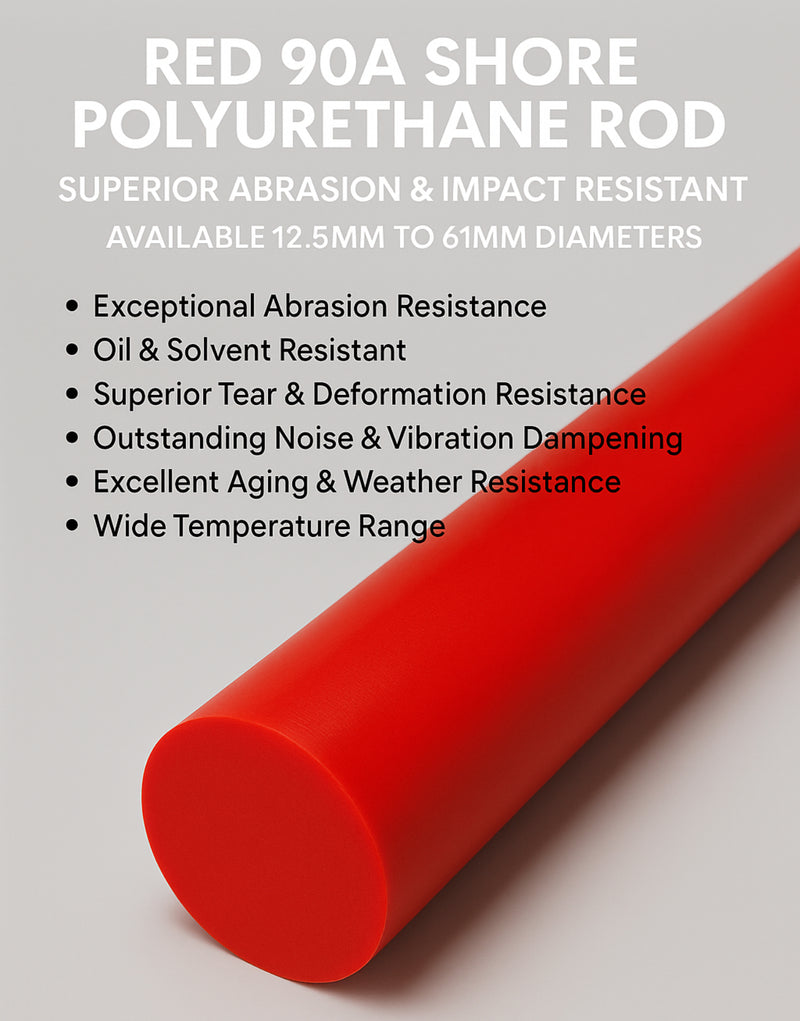 Red 90A Shore Polyurethane Rod – Superior Abrasion & Impact Resistant – Available 12.5mm to 61mm Diameters