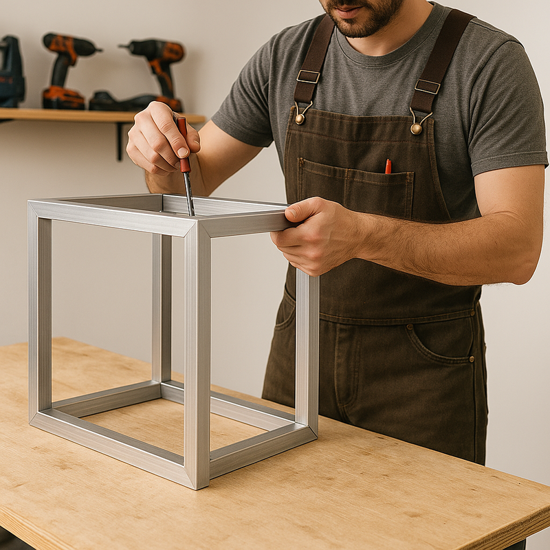 Man assembling metal furniture frame with screwdriver in workshop.