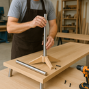 Person assembling wooden furniture with stainless steel rod and screws