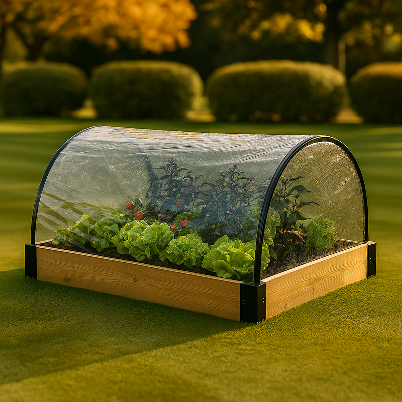 Raised garden bed with clear dome cover on manicured lawn.
