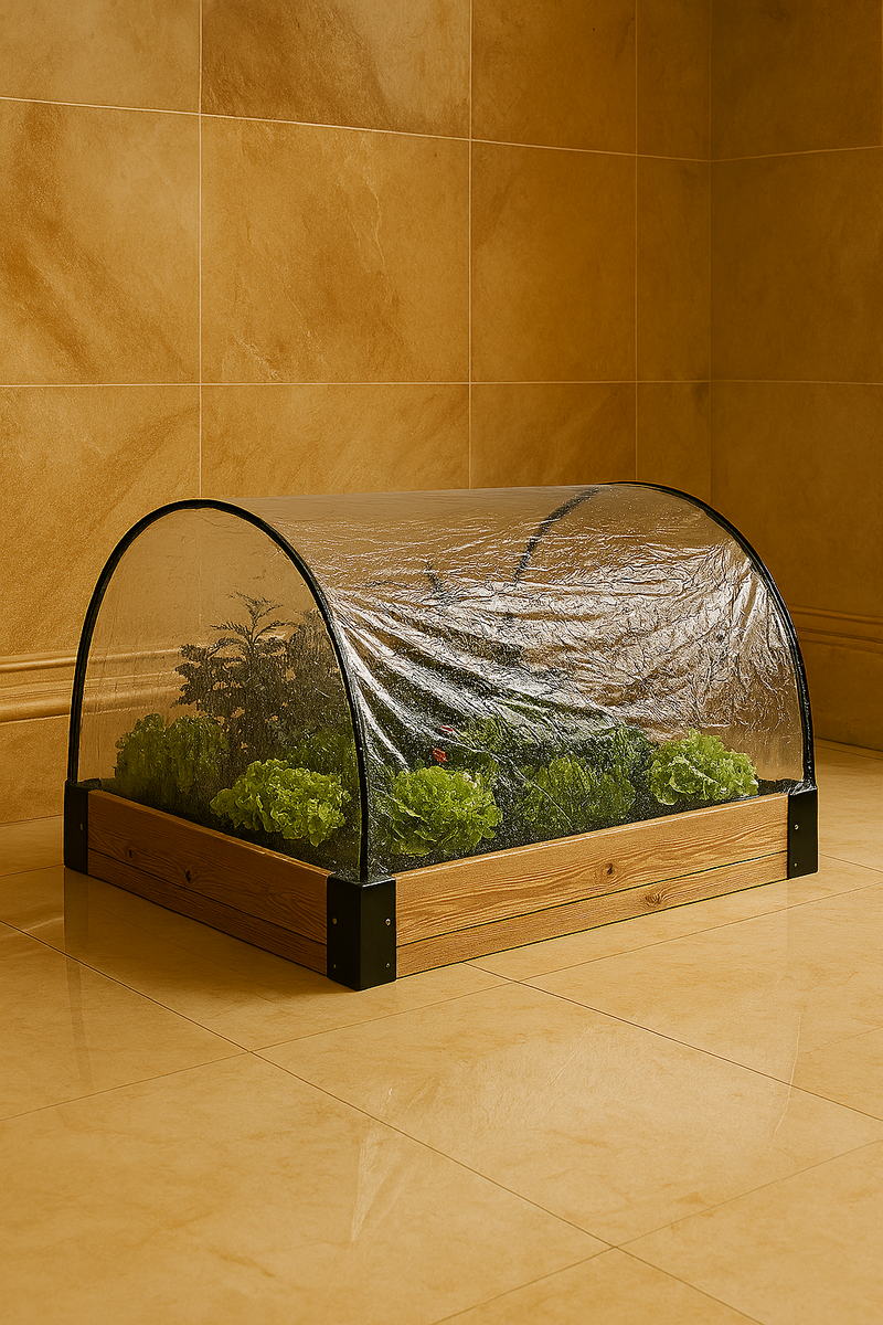 Premium indoor raised garden bed with clear cloche cover.