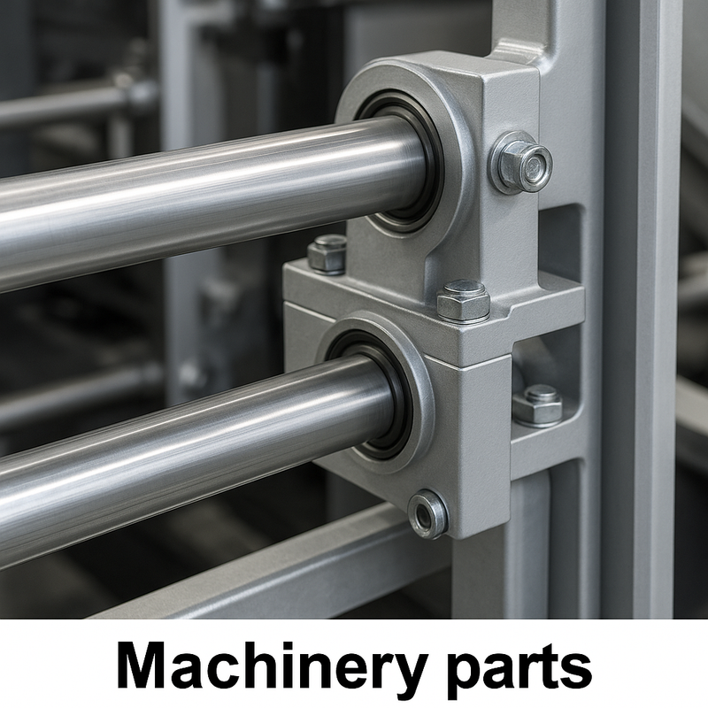 Close-up of metal rods with bearing housings in industrial machinery