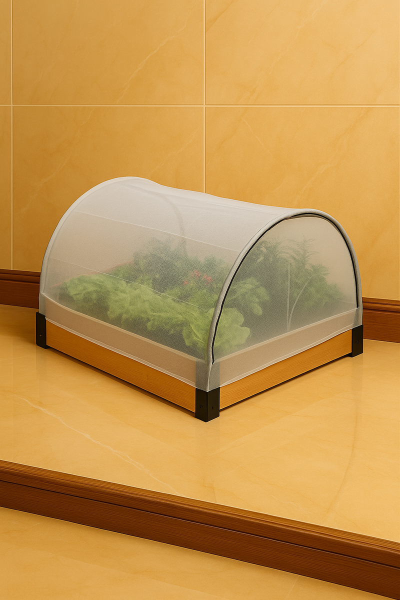 Indoor mesh-covered raised garden bed with fresh greens.