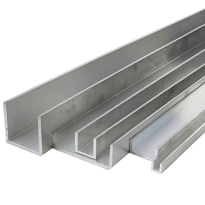 Multiple aluminum U-channel bars in varying sizes arranged side by side.
