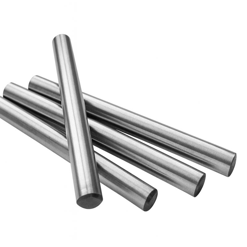 Four polished stainless steel round bars on white background