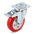 Pressed Steel Swivel Castors with Red Thermoplastic Wheel and Directional Brake