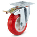 Pressed Steel Swivel Castors with Red Thermoplastic Wheel and Directional Brake
