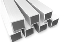 Multiple metallic square hollow tubes stacked together on a white background.