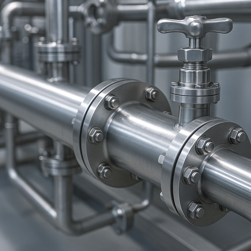 Close-up of stainless steel industrial pipe with valve and flanges