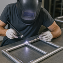 Worker welding stainless steel frame with protective helmet and gloves