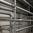 Network of stainless steel industrial pipes with joints and fittings on concrete wall