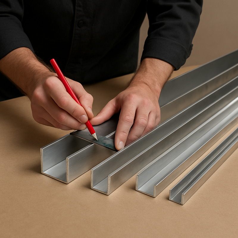 Person marking measurements on aluminum U-channel bars with a red pencil and ruler.