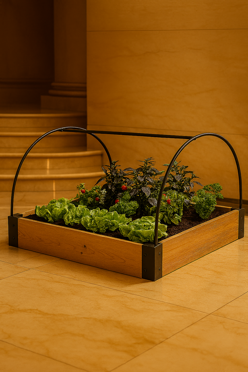 Luxury indoor raised bed planter with green leafy vegetables.