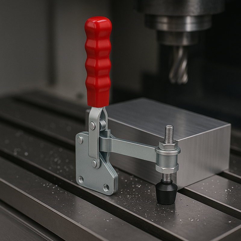 Vertical Toggle Clamp – Red Handle & Adjustable Spindle