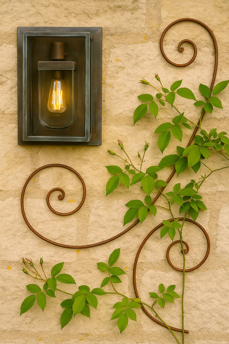 Wall-mounted scroll trellis with climbing rose and vintage light.