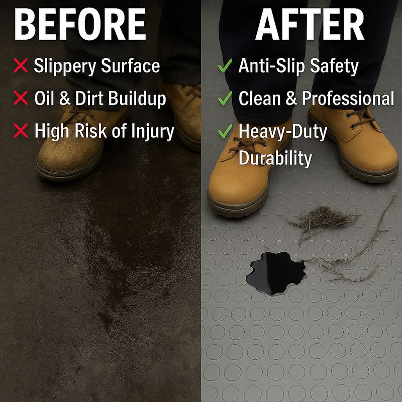 Heavy-Duty Non-Slip Rubber Flooring Roll – R11 Slip Rated, Oil-Resistant Safety Matting with Studded Penny Pattern – Custom Length Industrial Grade