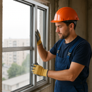 Construction worker in safety gear installing an aluminum window frame.