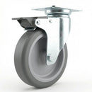 Zinc Plated Swivel Retail Castor Wheel with Brake - Grey Rubber & 4-Hole Top Plate