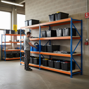 4x Premium Heavy Duty Shelving - 2200mm High - Blue & Orange with 12x 37L Plastic Storage Boxes