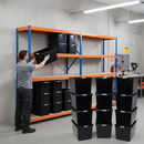 3x Heavy Duty Shelving - 2200mm High - Blue & Orange with 12x 37L Plastic Storage Boxes