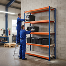 2x Heavy Duty Shelving - 1600mm High - Blue & Orange with 12x 37L Plastic Storage Boxes