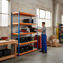 Heavy Duty Shelving 1600mm High Blue & Orange - 3 Bay Premium Racking with 8x 37L Storage Boxes