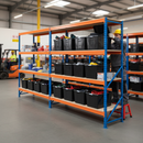 3x Heavy Duty Shelving - 2200mm High - Blue & Orange with 12x 62L Plastic Storage Boxes