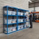 4 Premium Shelving Units - 1600mm High - Blue with 12x 33.5L Storage Boxes