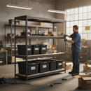 4x Premium Heavy Duty Shelving - 2200mm High - Grey with 12x 62L Storage Boxes