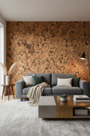 Brown cork decorative wall tiles as feature wall in contemporary living room