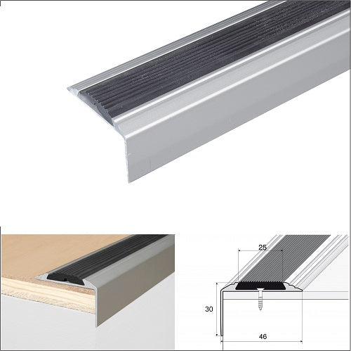 Gray Anodized Aluminium Stair Nosing For Wooden Treads 46mm x 30mm